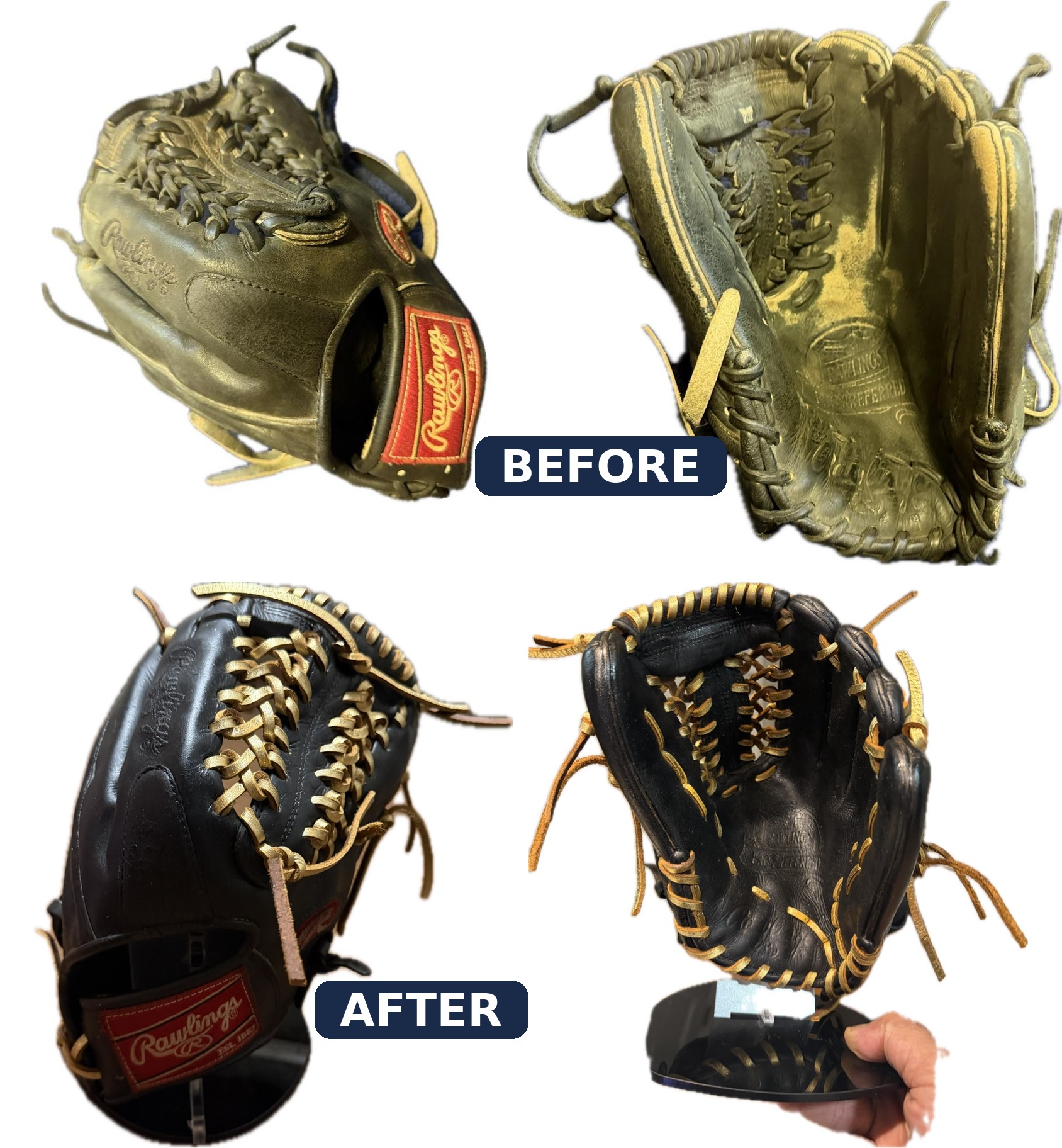 Rawlings Pro Preferred before and after full relace in gold foil laces