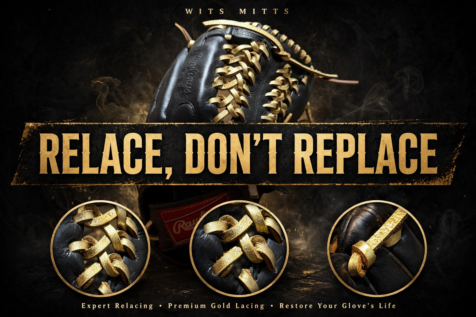 Black baseball glove relaced with gold laces