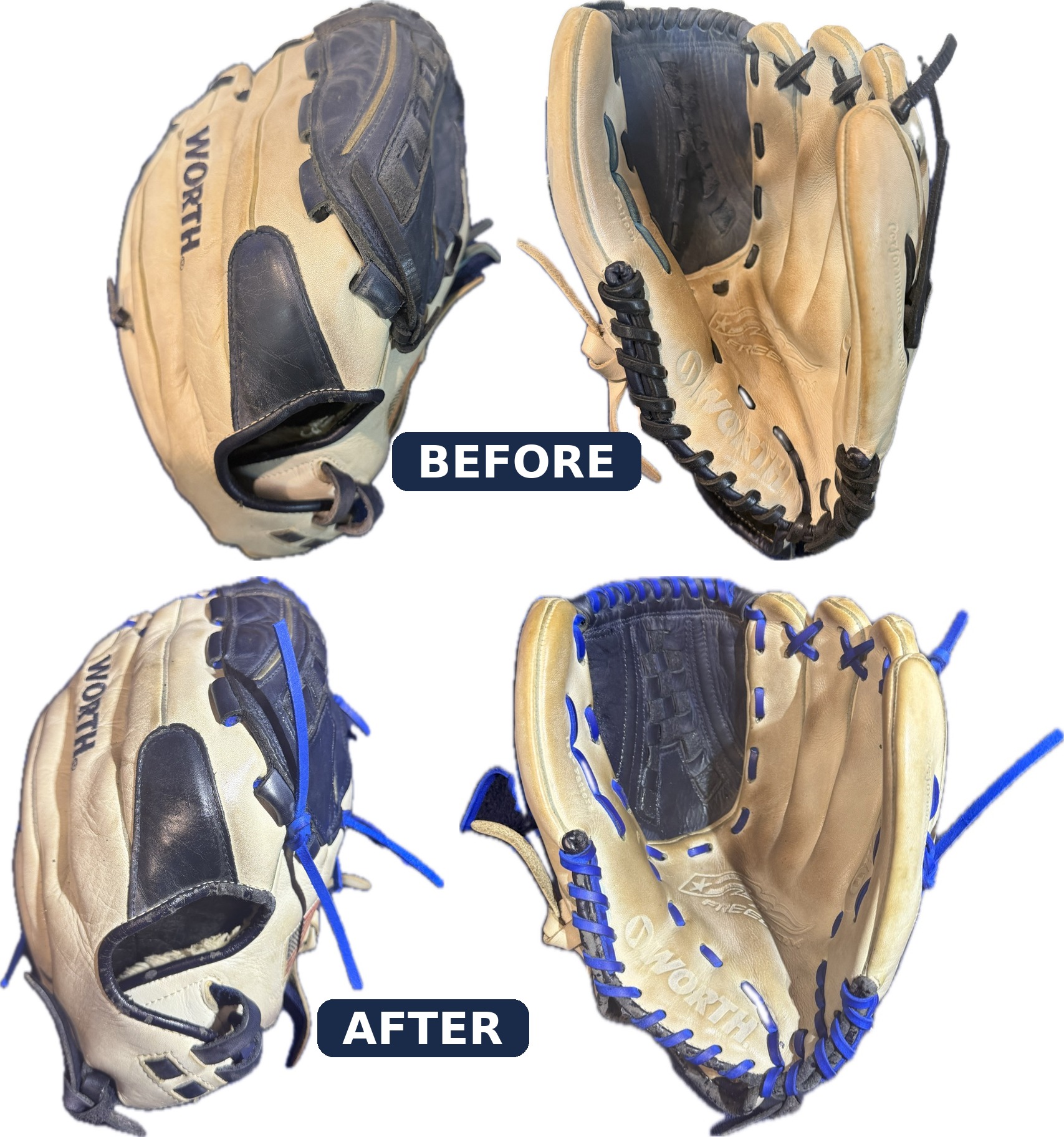 Worth glove before and after relace with blue laces
